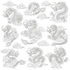 Naklejka premium Elegant Asian dragons soaring through mystical clouds, perfect for tattoos, mythical art, and powerful designs embodying strength and mystique in your projects