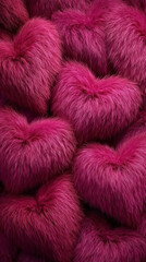 Deep pink hearts made of soft fur arranged for Valentine's Day celebration