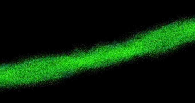 A vivid diagonal trail of green particles sweeps across a deep black background, emitting a subtle glow for energetic tech intros and dynamic branding
