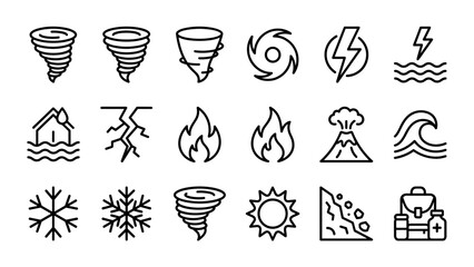 Fototapeta na wymiar Tornado hurricane volcano earthquake flood and fire disaster line icons set. Minimalistic outline symbols of natural disasters, weather emergencies, and rescue preparedness kit concept.