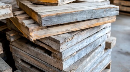 A close up view of a pile of rough hewn wooden crates with splintered edges