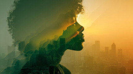 Silhouette of a woman with urban landscape layered behind her celebrating empowerment and equality
