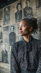 Stylish business woman stands confidently in front of historical portraits celebrating women's empowerment and equality