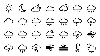 Obraz premium Minimalistic weather forecast icons vector set. Line symbols collection showing sun, moon, cloud, rain, snow, thunderstorm, wind, fog, and temperature. Simple modern meteorology design.