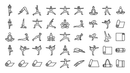 Minimalist yoga poses and mats line icons set. Vector illustration of meditation, relaxation, fitness, pilates, stretching, balance, wellness, and sport activity line art on white background