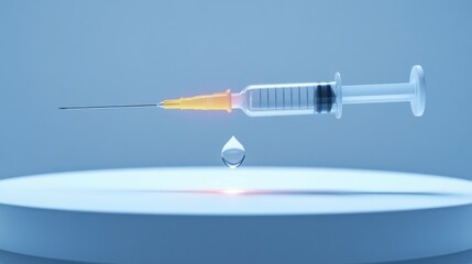 A close up shot of a medical syringe with a yellow tip dispensing a single droplet of clear liquid