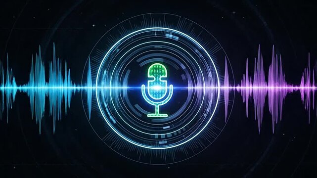 Glowing Microphone Icon with Sound Waves on a Dark Abstract Background, Voice Recognition Technology