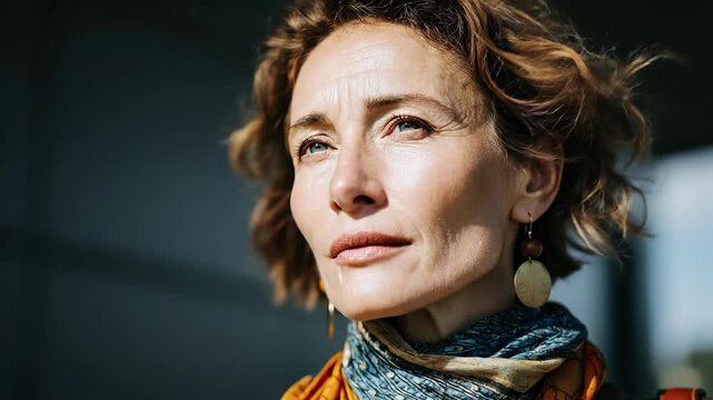 Confident Woman with Curly Hair Wearing Colorful Scarf and Earrings Gazing Towards the Horizon in an Urban Environment under Natural Light
