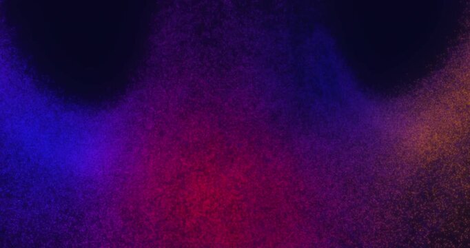 A vibrant, cloud-like tapestry of blue, purple, red, and orange particles swirls against a dark background, evoking a nebula or abstract cosmic dust
