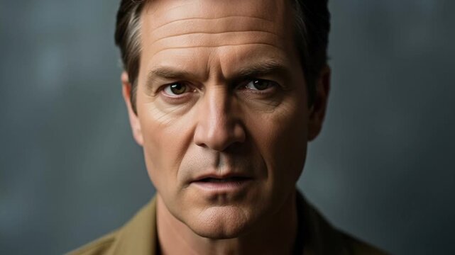 Intense portrait of a middle-aged man with a serious expression against a blurred background