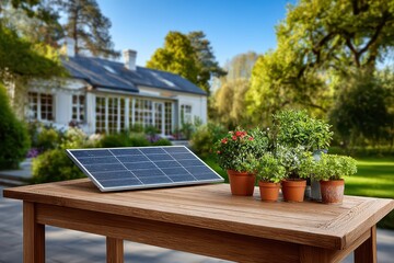 Solar panel on table, flower pots, house, transparent background view.