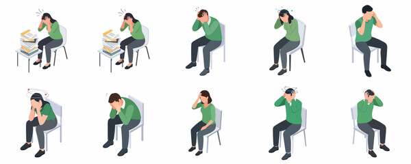 Isometric Diverse People Suffering from Headache, Stress, Depression, and Anxiety Illustration