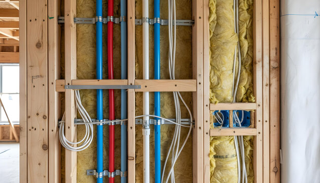 symmetrical plumbing and electrical rough-in inside new house wall