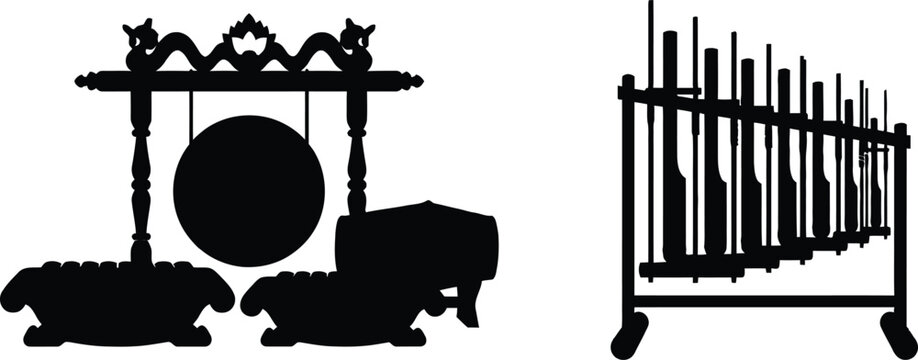 Traditional Indonesian musical orchestra instruments silhouette set featuring gamelan gong bonang and bamboo angklung for javanese cultural art music performance heritage symbol design.