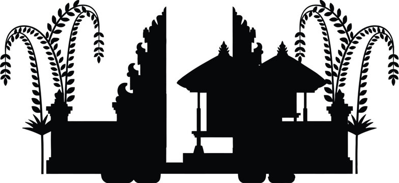 Balinese hindu temple split gate candi bentar silhouette with traditional shrine and decorative penjor bamboo poles for galungan kuningan religious festival celebration design symbol.