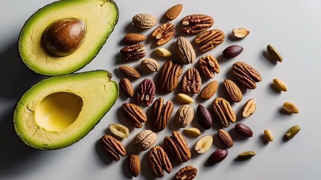 Fresh avocado halves sit beside an array of nuts including pecans and almonds on a light surface. This setup showcases a variety of healthy eating options