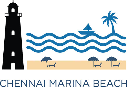 Chennai Marina Beach landmark icon featuring tall lighthouse blue sea waves boat and coconut palm tree on sandy shore with umbrellas for tamil nadu tourism travel vacation symbol set.