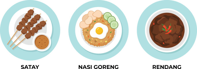 Authentic Indonesian cuisine set showing chicken satay skewers nasi goreng fried rice with egg and spicy beef rendang meat dish for traditional asian restaurant menu design element. © VectaNoor