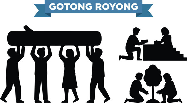 Indonesian mutual cooperation concept gotong royong silhouette set showing people carrying log building wall and planting tree together for community service teamwork project icon.