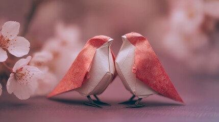 A pair of origami birds sit close to each other. Pink paper forms their bodies while delicate flowers surround them. This scene captures the essence of love and creativity on Valentine's Day.