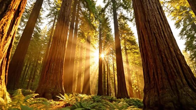Sunlight Through Giant Redwood Trees in Forest, Golden Hour Rays