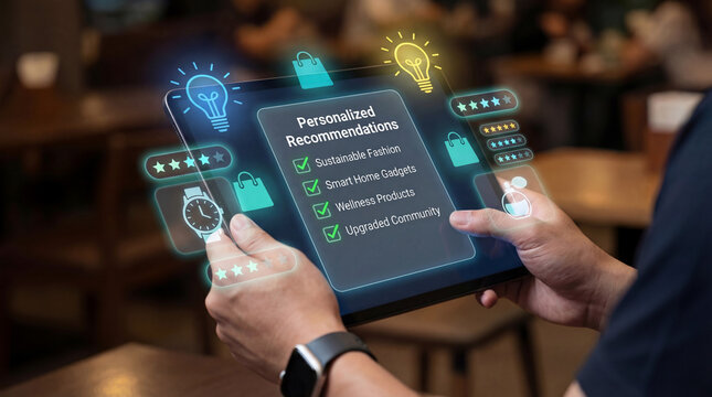Person holding tablet with personalized recommendations and shopping icons in a cafe