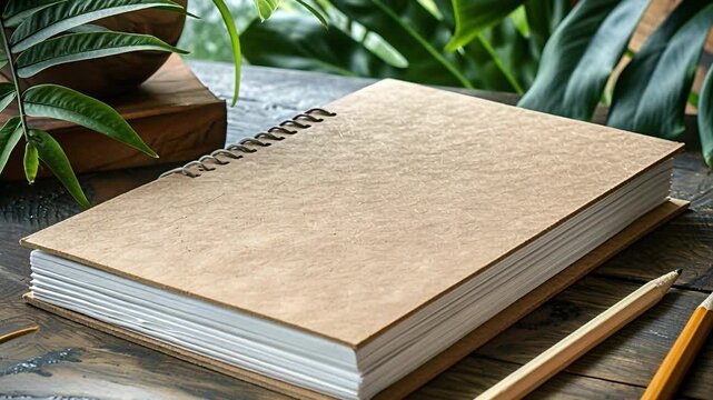A journal is positioned on a wooden table next to a pencil and some greenery. The scene shows a workspace that encourages writing and reflection