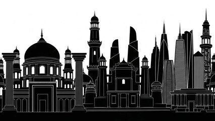 Obraz premium Black silhouette of a city skyline with mosque and skyscrapers