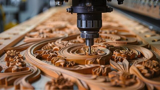 A machine is carving intricate designs into wood in a workshop. The focus is on the cutting tool and the detailed patterns being created. This work takes place during the day in a crafting area