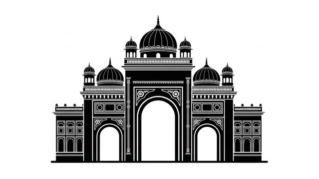 Black and white illustration of an indian palace gate with domes
