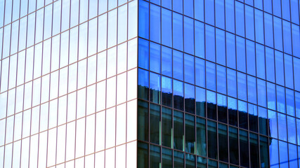 Fototapeta premium A modern tall building made of steel and glass, housing offices and financial institutions. Glass wall on the facade of the building.