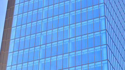Fototapeta premium A modern tall building made of steel and glass, housing offices and financial institutions. Glass wall on the facade of the building.