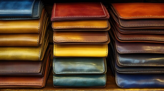 A collection of artisanal leather wallets in various rich colors neatly stacked and displayed