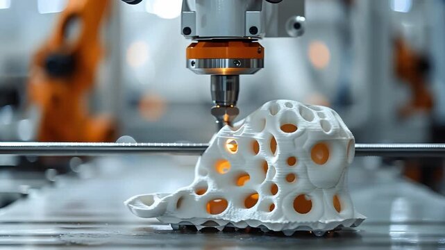 A machine is working on a white, textured item in a busy workshop with robotic arms nearby. The setting highlights modern technology in action focused on creation