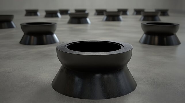 A collection of black rubber vibration damping mounts arranged on a gray concrete surface