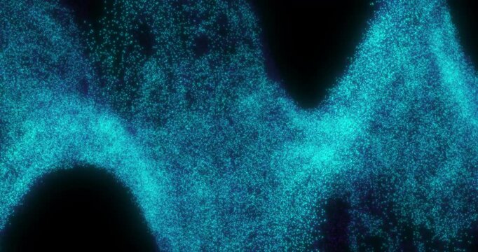 A sweeping stream of cyan-blue particles forms a luminous nebula, weaving across a deep dark backdrop with a soft glow, texture, and atmospheric depth
