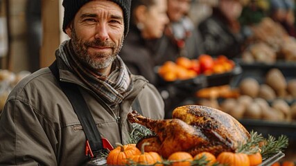 A man stands at a market holding a large roasted turkey surrounded by pumpkins. The setting is lively with people shopping. This scene takes place in the fall season