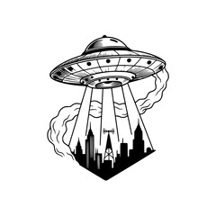 UFO flying over city skyline with tractor beam and smoke trail, black and white vector illustration