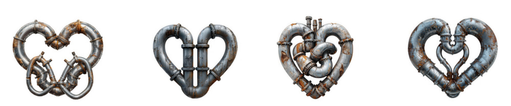 Four stylized steampunk heart designs with intricate metallic details perfect for creative projects on transparent background
