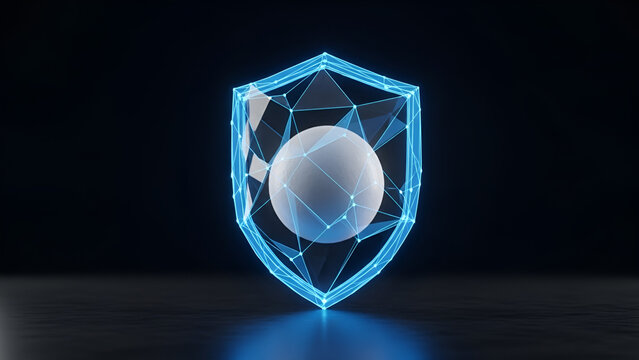 Abstract futuristic shield protecting data sphere in dark digital space. - Powered by Adobe