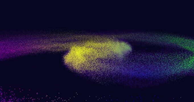 A sweeping arc of colored dust particles purple, yellow, blue, and green streams across a dark canvas, forming a nebula with a bright core