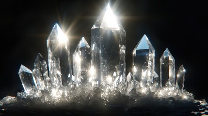 A collection of naturally occurring clear quartz crystal formations illuminated by bright shining light creating a dazzling display of geometric facets and sparkles