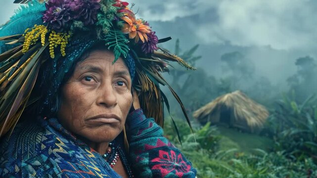 An Indigenous Mayan woman, adorned in vibrant traditional headdress of feathers and flowers, embodies ancient Mesoamerican culture, representing enduring civilization in a misty jungle landscape