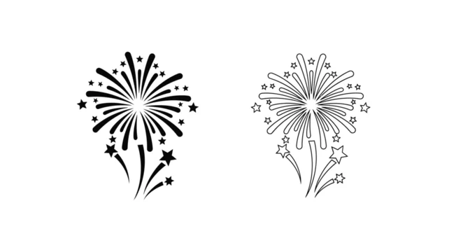 Two firework displays with scattered stars presented as a bold silhouette