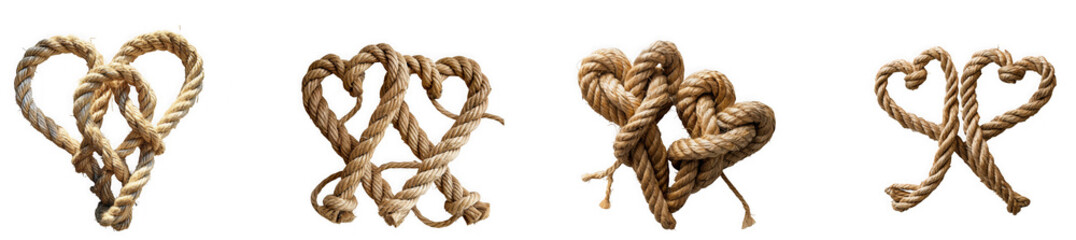 Four intricately woven jute rope hearts displayed in different styles on transparent background high quality professional