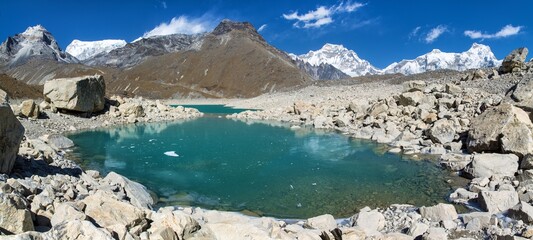 Ngozumba glacial lake in Gokyo valley Mount Cho Oyu