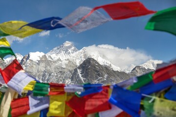 Mount Everest Lhotse Makalu peak buddhist prayer flags