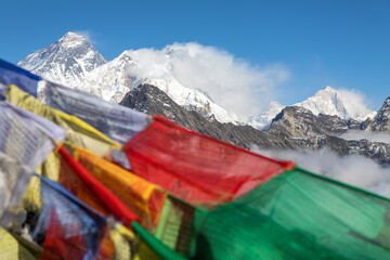 Mount Everest Lhotse Makalu peak buddhist prayer flags