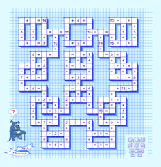 Math crossword for smartest. Solve examples and write the numbers and symbols correctly. Mathematical logic puzzle game on addition and subtraction. Brain teaser book. Hand drawn vector illustration