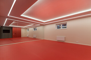This space features red flooring and walls with bright light strips on the ceiling. A large mirror...